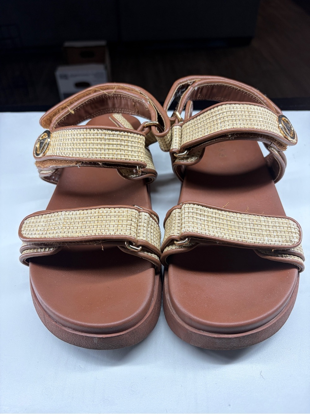 GUESS Womens Brown and Natural Strappy Sandals
